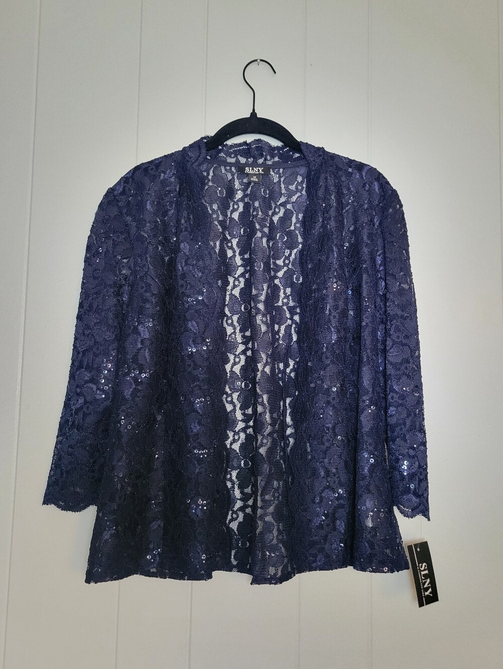 NWT SLNY Sequin Lace Topper Open Front Cardigan Top Navy Blue Evening Formal 12
